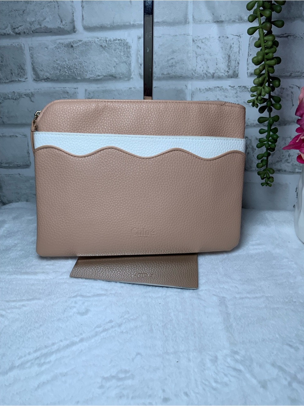 Chloe Blush Beige and White Wave-Trim Leather Makeup Bag